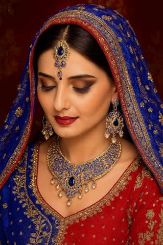 Touchstone Indian jewelry sets for women tikka wedding necklace costume guest statement bollywood rhinestones crystal faux pearls gold big royal neck piece set bridal fashion accessories - color: Blue