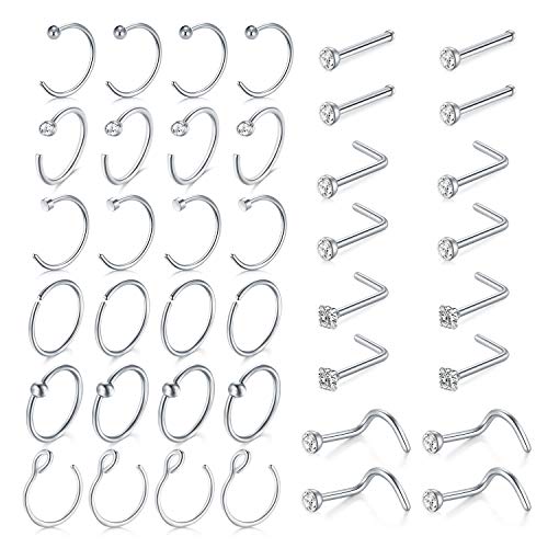 18 Nose Rings Studs Surgical Stainless Steel Hypoallergenic L Shaped Nose Piercing Jewelry for Women Men Silver Black Nostril Hoop Rings 18 Gauge - style: C2-silver