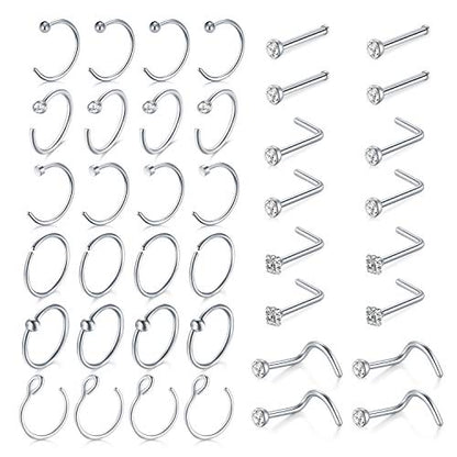 18 Nose Rings Studs Surgical Stainless Steel Hypoallergenic L Shaped Nose Piercing Jewelry for Women Men Silver Black Nostril Hoop Rings 18 Gauge - style: C2-silver