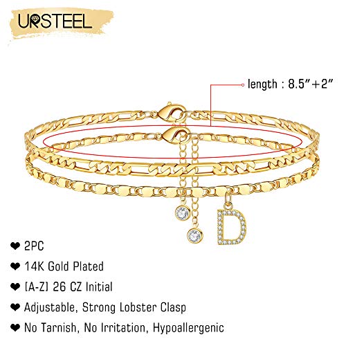 Ursteel Ankle Bracelets for Women, 14K-Gold-Plated Dainty Layered Chain CZ Initial Anklets Set Summer Jewelry Gifts for Women - style: D-Gold-Plated