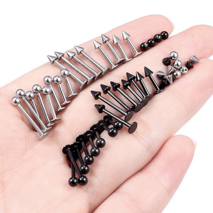 Lcolyoli 32PCS Labret Piercing Jewelry Stainless Steel Snake Bite Jewelry Lip Rings 16G Medusa Monroe Lip Piercing Jewelry for Women Men Bar Length 6mm 8mm 10mm 12mm - color: silvertone+black