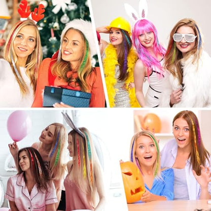 FEBSNOW Tinsel Hair Extension, 47 Inch Glitter Rainbow Strands with Tool | 2400 Strands 12 Mixed Colors Sparkling Hair Kit, Girls Party Accessories, Christmas Wedding Birthday Hair Styling Supplies - color: Multi 12 colors-1
