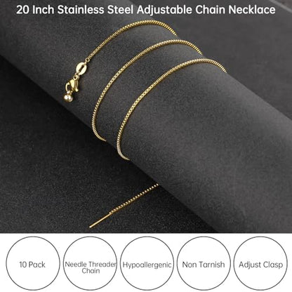 GTVOODX 10Pcs Gold Box Adjustable Necklace Chains Bulk for Jewelry Making 20Inch Stainless Steel Needle Threader Chain with Adjust Clasp - color: Gold Box