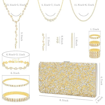 NEWITIN Purse Rhinestone Jewelry Set for Women Prom Jewels Crystal Clutch Purse Necklaces Rings Bracelets Earrings Gold Silver Jewelry Set for Women Bride - color: 16 Pieces Gold
