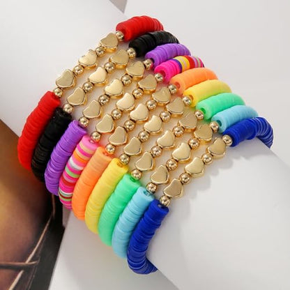Friendship Bracelets for Women - Heishi Surfer Colorful Smile Evil Eye Clay Beaded Stretch Bracelets Elastic Layering - Stackable Boho Disc Y2K Aesthetic Summer Jewelry Set. - color: 3heart-9pc-Colorful