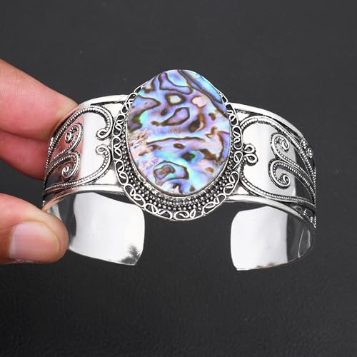 Silver Plated Statement Cuff Bangle Bracelet for Women – Handcrafted Wide Boho Bracelet with Natural Stone Inlay (Abalone Shell, Blue Turquoise, Malachite) Ideal Gift For Birthday Anniversaries Adjustable Fashion Jewelry - color: Abalone Shell