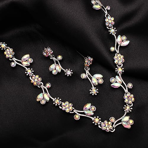 Elegant Brides Austrian Crystal Flower Choker Necklace Drop Dangle Earring Bracelet Wedding Jewelry Set for Bridesmaid Prom Costume Jewelry Set for Women - color: AB Crystal-Platinum Plated