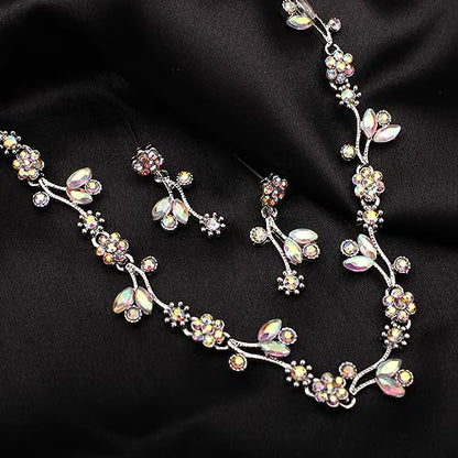 Elegant Brides Austrian Crystal Flower Choker Necklace Drop Dangle Earring Bracelet Wedding Jewelry Set for Bridesmaid Prom Costume Jewelry Set for Women - color: AB Crystal-Platinum Plated