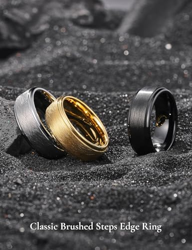 King Will Classic Tungsten Carbide Ring Brushed Two Grooved Center Hammered Design Mens Wedding Band for Men | Black/Silver/Gold, 8mm, Men's Wedding Band, Grooved, Comfort Fit, Everyday Wear - color: C-Silver 8mm