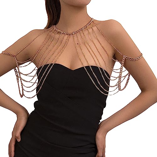 Summer Beach Harness Chest Body Chain Multi Layered Tassel Shoulder Body Chain Necklace Bikini Shoulder Arm Chain Bridal Wedding Backdrop Necklace Back Chain Jewelry for Women (Tassel)