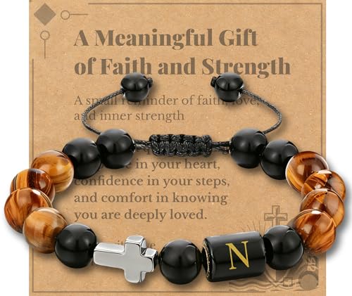 Initial Mens Bracelet with Cross - Religious Faith Beaded Bracelt Gift for Him Man Male Friend, Adjustable Tiger Eye Black Onyx Beads Braclet for Birthday Confirmation Sponsor Anniversary - color: Braided Rope-N