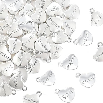 stino 100 Gram Metal Charms for Jewelry Making, Silver & Gold Plated, Bulk Pack for Bracelets, Necklaces, Crafts - color: Family Heart Silver (50Pcs)