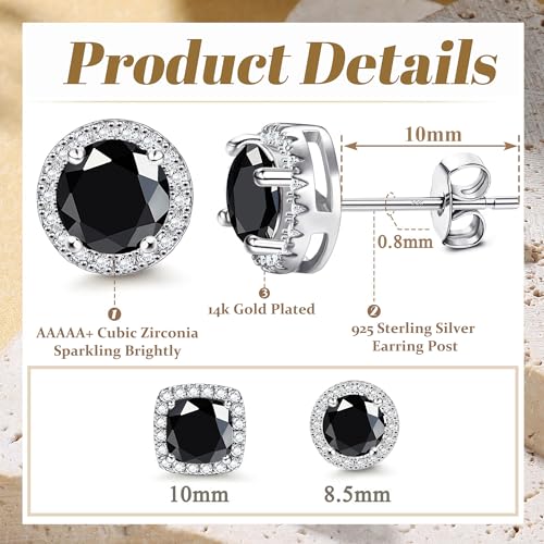 18K Gold Plated Halo Stud Earrings 925 Sterling Silver Cubic Zirconia Stud Earrings Round Square Diamonique Stud Earrings Set for Women Men - color: Silver&Black