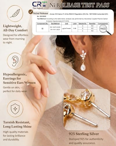 14K Gold Plated/Sterling Silver CZ Pearl Drop Dangle Earrings for Women - color: Gold-Pearl with CZ