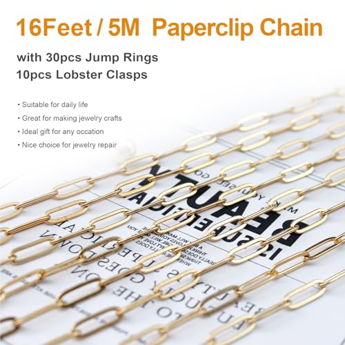 16.4 FT Gold PVD Plated Chains for Jewelry Making 4MM Paperclip Chain Link | Stainless Steel Gold Chain Bulk with Lobster Clasps Jump Rings for Women Men Necklace Making Supplies - color: Gold-5