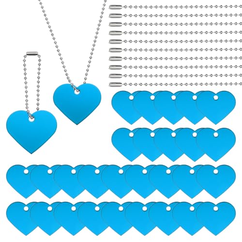 PATIKIL 60 Pcs Blank Dog Tags Set, Including 30 Pcs Aluminum Metal Stamping Heart Shape Label 30 Pcs Ball Steel Chain for DIY Decor Laser Engraving Necklace, Light Blue - color: Light Blue