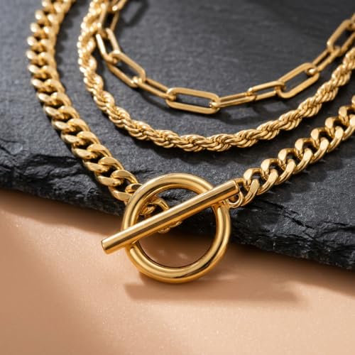 Gold Plated Layered Chain Necklace for Women - 33cm 38cm 45cm Paperclip Rope Curb Chain with Toggle Clasp, Waterproof Gold Bar Necklaces for Women Trendy Jewelry Set