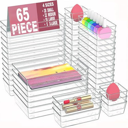 Manalete Drawer Organizers Set of 65, 4 Sizes Clear Plastic Drawer Organizers and Storage Bins for Kitchen, Bathroom, Office, Dresser Desk Drawer Organizer Tray for Jewelry, Makeup, Junk, Gadgets - size: 65Pack(0-0-5-10-22-28)