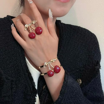 Cherry Charm Bracelet and Ring Set for Women, Gold Tone Adjustable Cuff Bangle Statement Cherry Rings Cute Fruit Jewelry Set Trendy Gift for Birthday Valentine’s Day