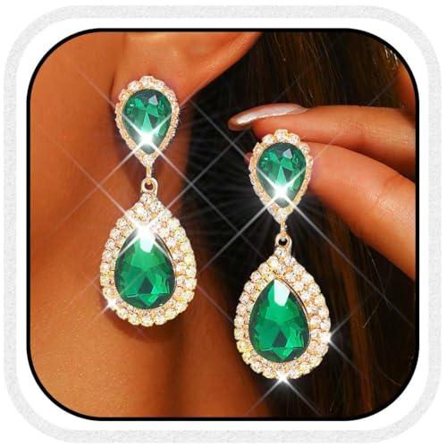 Catery Crystal Wedding Earrings Silver Rhinestone Ear Rings Teardrop Bridal Ear Jewelry for Brides and Women - color: Gold and Green