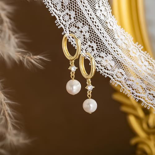 CHESKY Pearl Drop Earrings for Women, 14K Gold Plated Pearl Dangle Earrings | Dainty Pearl Earrings for Women,WaterProof Gold Brides Wedding Earrings,Bridesmaid Bridal Gift,Trendy Women Everyday Jewelry - style: hoop