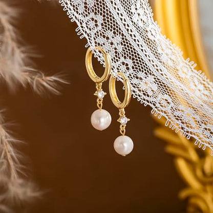 CHESKY Pearl Drop Earrings for Women, 14K Gold Plated Pearl Dangle Earrings | Dainty Pearl Earrings for Women,WaterProof Gold Brides Wedding Earrings,Bridesmaid Bridal Gift,Trendy Women Everyday Jewelry - style: hoop