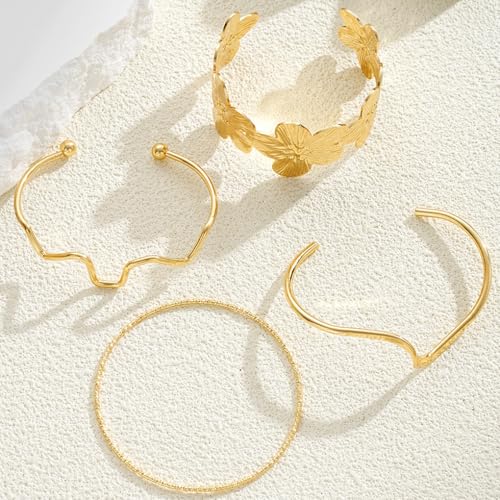 Gold Chunky Stackable Flower Bangle for Women,Trendy Boho Floral Open Cuff Bracelet Set,Fashion Spring Outfit Accessories Birthday Jewelry Gift