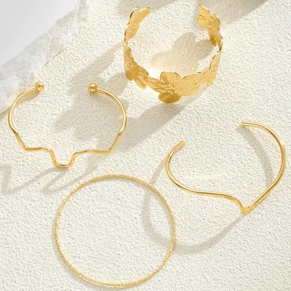 Gold Chunky Stackable Flower Bangle for Women,Trendy Boho Floral Open Cuff Bracelet Set,Fashion Spring Outfit Accessories Birthday Jewelry Gift