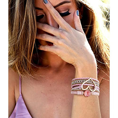 Suyi Multilayer Leather Wrap Bracelet Heart-Shape Wide Bracelets for Women - color: Pink