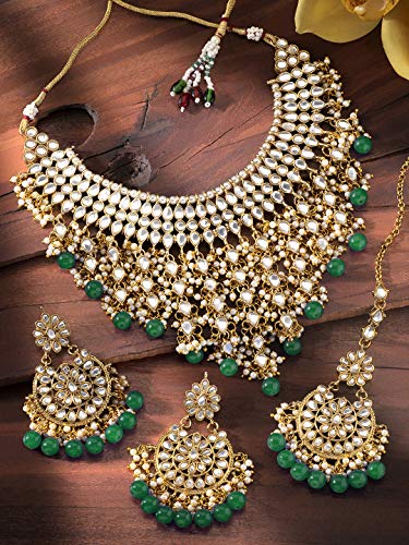Aheli Elegant Indian Wedding Wear Faux Kundan Studded Choker Necklace with Maang Tikka Set Ethnic Fashion Jewelry for Women Maroon Kundan & Pearl Drop - color: Green