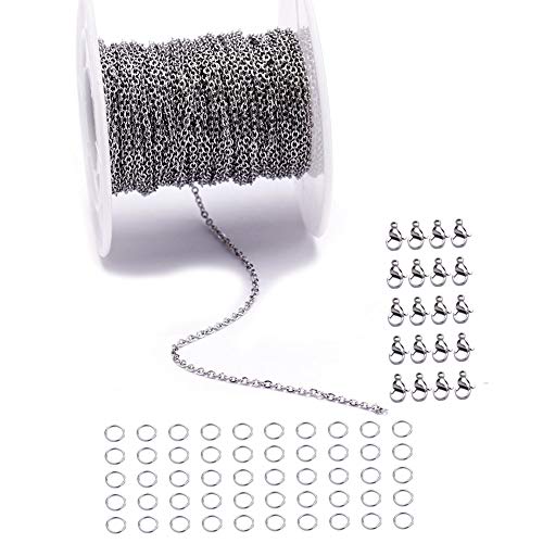 33FT 1.5mm Silver Stainless Steel Flat Cable Chains for Jewelry DIY Making | Versatile for Repairs Extensions or DIY Projects-Works with Pendants Beads and Charms Easily - color: Silver, size: Chain Width 1.5mm+20pcs Clasps+50 Rings