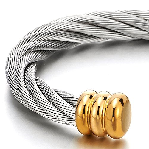 COOLSTEELANDBEYOND Large Elastic Adjustable Steel Twisted Wire Cuff Bangle Bracelet for Men Women - color: F-Metal Color: Silver & Gold