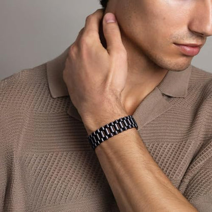 ChainsHouse Men Stainless Steel Bracelet Adjustable Custom ID Engraved Gift | Personalized Silver/Gold/Black for Birthday Father Husband Boyfriend with Gift Box Adjustable Tool 10mm/15mm/15.5mm 8.3"/8.7" - color: O.15.5mm Width-Black-No Custom