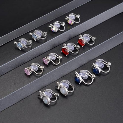 Tornito 10-15 Pairs Clip on Stud Earrings Non Pierced Teardrop Round Square CZ Pearl Twist Knot Flower Butterfly Heart Star Rainbow Cat Opal Clip on Earrings for Women - color: F: 10 Pairs Silver Tone