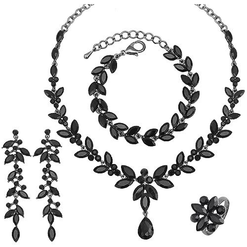 CSY Elegant Bridal Jewelry Sets Wedding Prom Homecoming Gown Accessories | Austrian Marquise Crystal Wedding Necklace Dangle Earrings Tennis Bracelet Ring Set for Bride Women Costume Accessories - color: black