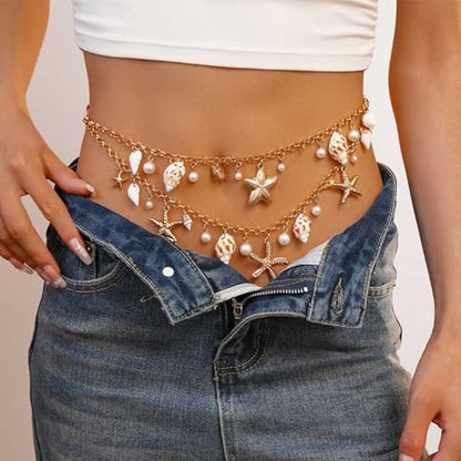 Seashell Starfish Waist Chain for Women Boho Conch Body Chains Gold Belly Chain Summer Beach Pearl Body Jewelry - style: 2-Layer