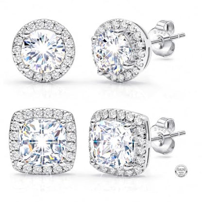 2 Pairs S925 Sterling Silver Stud Earrings for Women Halo Cubic Zirconia | 14K Gold Plated Hypoallergenic Non Tarnish Round Square Silver Stud Earring for Women Men Dainty Trendy Jewelry - style: Silver-Larger Stone