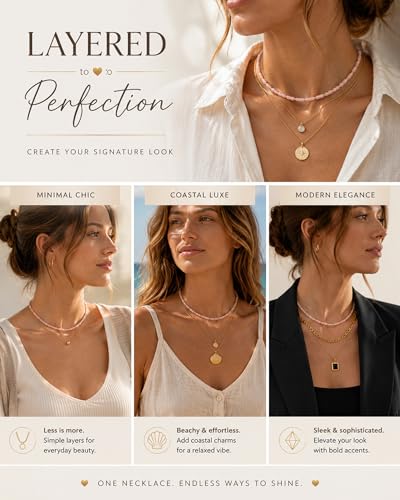 Natural Heishi Gemstone Choker Necklace for Women, Adjustable 15"+2" Beaded Layering Necklace, Coastal Beach Jewelry Gift for Her - color: Rose Quartz (Light Color)