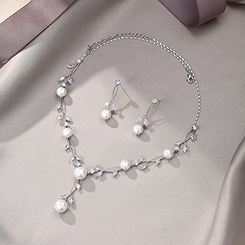 EVER FAITH Cubic Zirconia Pearl Leaf Vine Wedding Jewelry Set for Bride | Crystal Filigree Bridal Necklace Earrings, for Women Bridesmaid - color: 2pcs_Clear Silver-Plated-Brass
