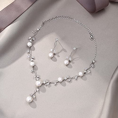 EVER FAITH Cubic Zirconia Pearl Leaf Vine Wedding Jewelry Set for Bride | Crystal Filigree Bridal Necklace Earrings, for Women Bridesmaid - color: 2pcs_Clear Silver-Plated-Brass