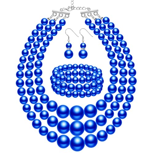 Haysandy Pearl Jewelry Set for Women 20s Jewelry Gift | Retro Layered Necklace Bracelet Earring, Costume Accessories for Derby Wedding Prom Party, Dress Matching Occasions - color: Royal Blue