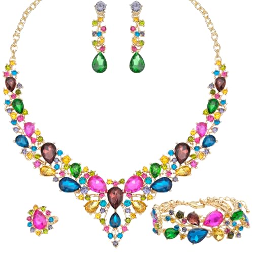CSY Elegant Crystal Costume Jewelry Sets for Formal Events Gown Accessories | 4-Piece Set Bridal Necklace Earrings Bracelet Ring Set for Brides Eco-friendly Statement Jewelry for Wedding Party Prom - color: Multicolour