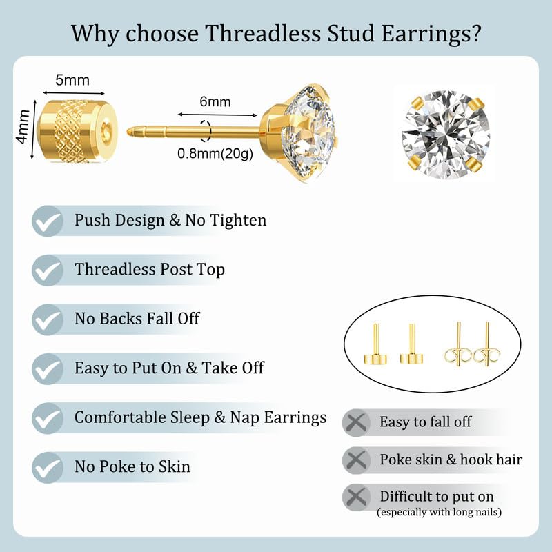 Titanium Earrings Push-in Threadless Flat Back Stud Earrings for Women Men, Cartilage Earring Hypoallergenic Cubic Zirconia Earrings Studs for Helix Tragus Piercing Jewelry - color: Gold-7mm