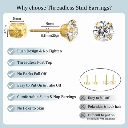 Titanium Earrings Push-in Threadless Flat Back Stud Earrings for Women Men, Cartilage Earring Hypoallergenic Cubic Zirconia Earrings Studs for Helix Tragus Piercing Jewelry - color: Gold-5mm