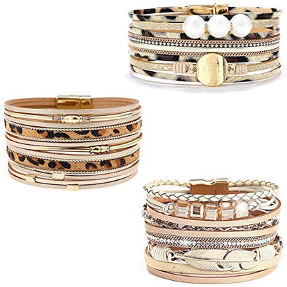 Wowanoo 3Pack Leather Cuff Bracelet Set Multilayer Wrap Bracelet Crystal Feather Tree Bracelet Magnetic Clasp Bracelet for Women - color: Leopard