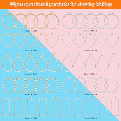 50pcs Open Bezel Pendants 5 Styles Hollow Bezel Pendants Open Frame Pendant Geometric Pressed Flower Frame for Resin Casting, Necklace, Earrings, Pressed Flower, DIY Crafts(K Gold,White K) - color: 50pcs;K Gold,White K;5 Styles