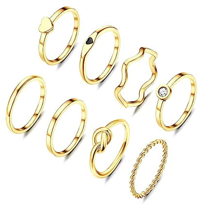 YADOCA 8pcs 2MM Stainless Steel Rings for Women Men 14K Gold Plated Stacking Rings Fashion Simple Plain Knuckle Stacking Midi Thumb Dainty Thin Heart Knot Stackable Statement Band Rings Set Size 5-11 - color: Gold