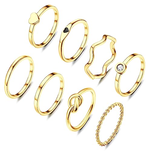 YADOCA 8pcs 2MM Stainless Steel Rings for Women Men 14K Gold Plated Stacking Rings Fashion Simple Plain Knuckle Stacking Midi Thumb Dainty Thin Heart Knot Stackable Statement Band Rings Set Size 5-11 - color: Gold