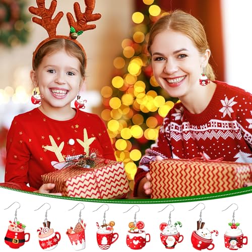 8 Pairs Christmas Acrylic Earrings for Women Xmas Dangle Jewelry | Xmas Hot Cocoa Earrings, Christmas Holiday Jewelry Gifts Party Accessories, Hypoallergenic Acrylic, Double Side - style: Christmas Hot Cocoa