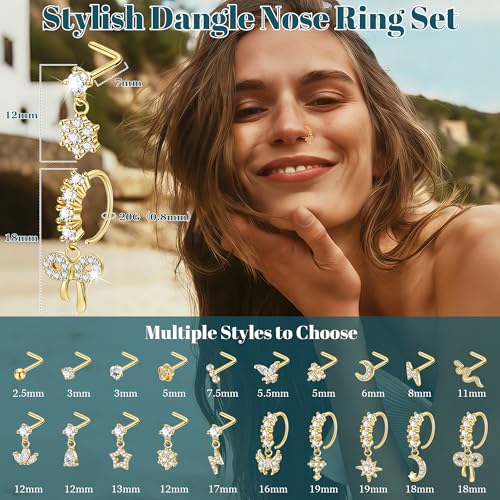 REVOLIA 20PCS 20G Dangle Nose Rings for Women Surgical Steel Dangling Nose Rings L Shaped Nose Studs Hoops CZ Flower Butterfly Heart Nose Piercing Jewelry - color: Gold